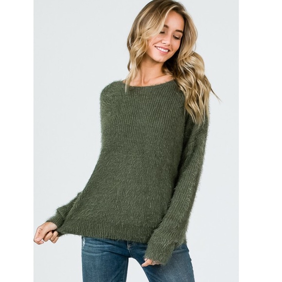 Olive mohair twist back sweater - Picture 2 of 5